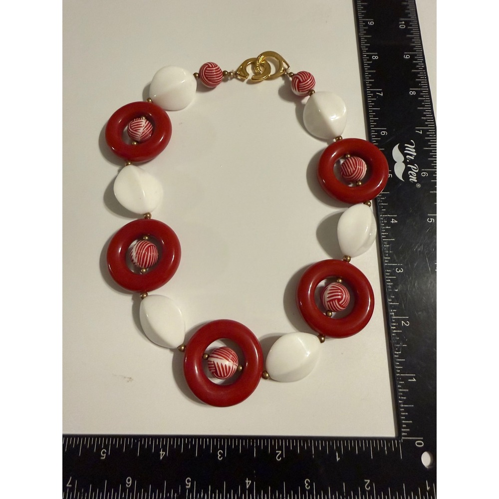 Les Bernard Red White Striped Bead Chunky Statement Necklace Gold Tone Clasp